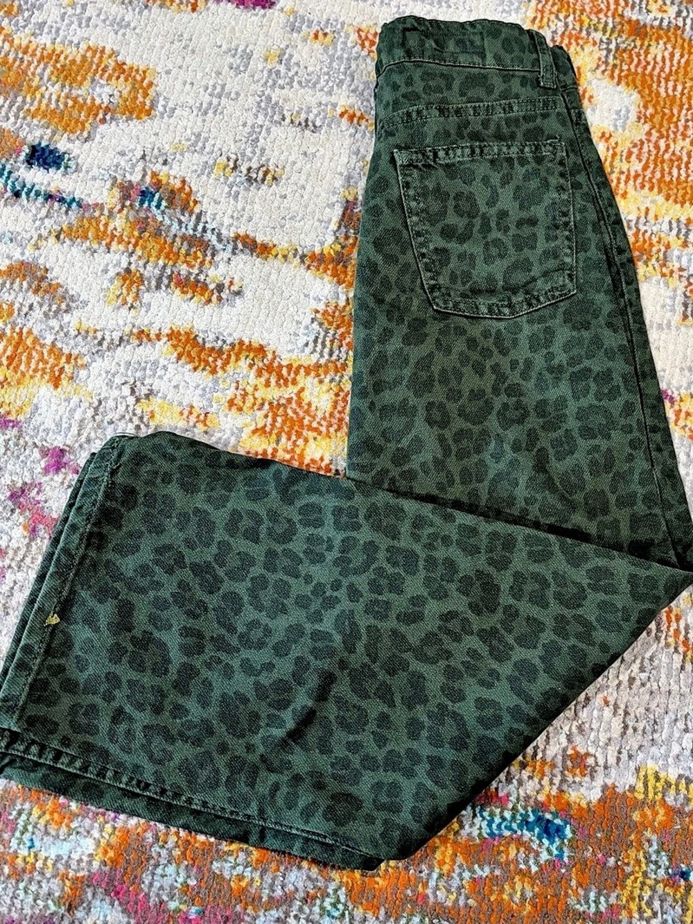 Zara Leopard Print Straight Leg Jeans Green Waist 10 Like New